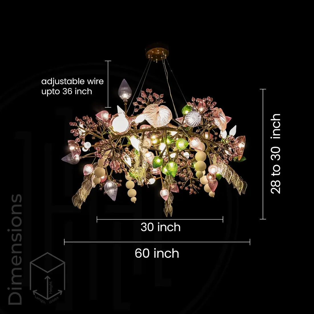 Harold Electricals dimension drawing for the Pandora Chandelier: 60 inch outer diameter, 30 inch inner diameter, 28 to 30 inch fixture height, and a suspension wire adjustable up to 36 inch