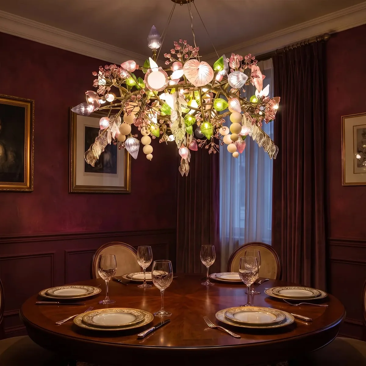Pandora Chandelier lit above a set dining table in a deep red panelled dining room